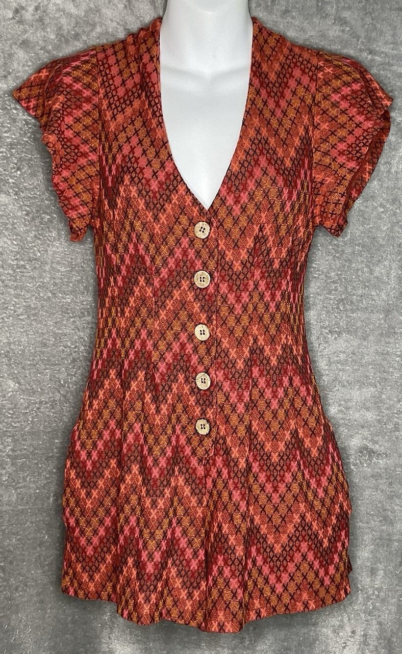 Free People Womens Small Orange Romper Boho V-Neck Button Front Pockets